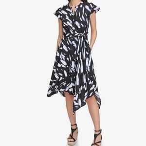 NWT $149 Pure DKNY Printed Tie-Waist Asymmetrical-Hem Linen Dress Women’s Size 6